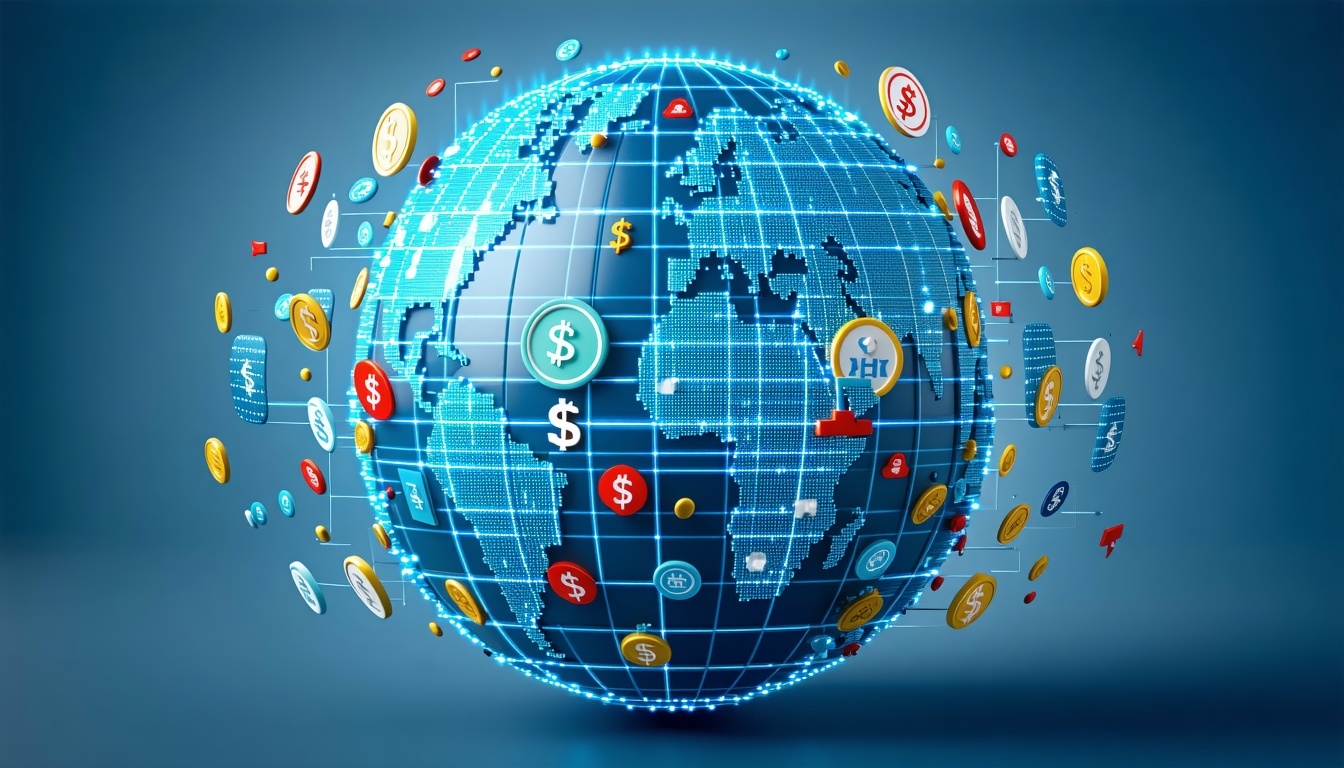 A globe with various banking symbols and currencie 1