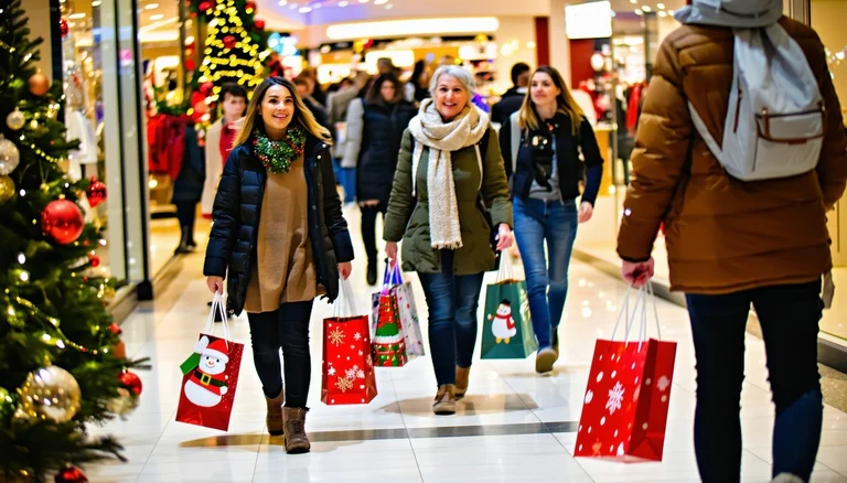 In a bustling shopping environment adorned with festive decorations a vibrant and diverse group of individuals of various ages ethnicities and styles navigate through the aisles.jpeg