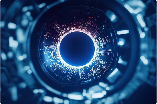 Futuristic blue glowing AI iris core surrounded by digital circuit patterns