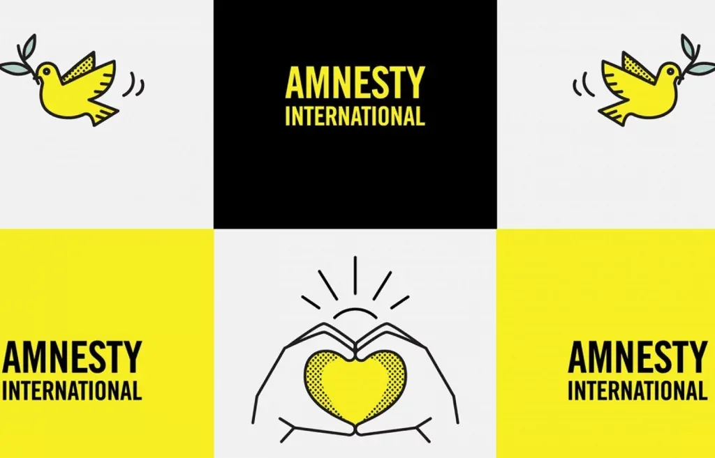 Grid layout featuring yellow peace doves with olive branches, heart hand gestures, and Amnesty International typography on black, white, and yellow blocks