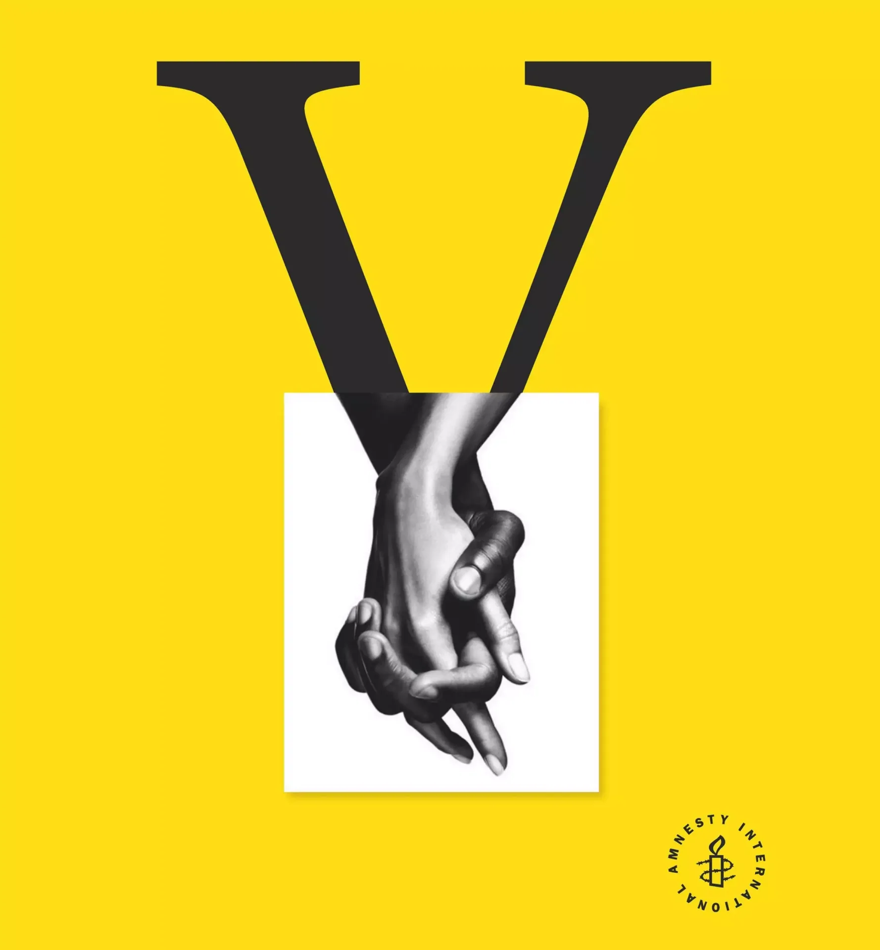 Monochrome illustration of two hands holding tightly framed against a bold yellow cutout background