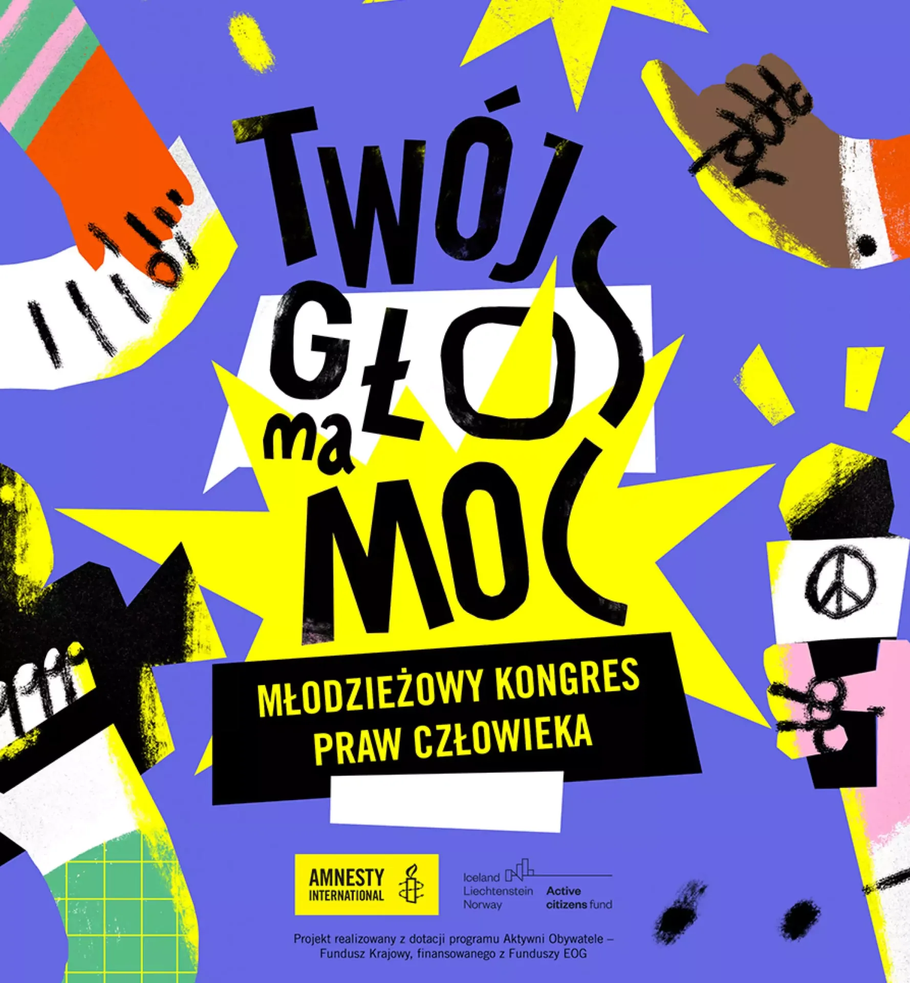 Vibrant poster graphic in Polish with bold text inside a yellow star shape reading Twoj Glos Ma Moc