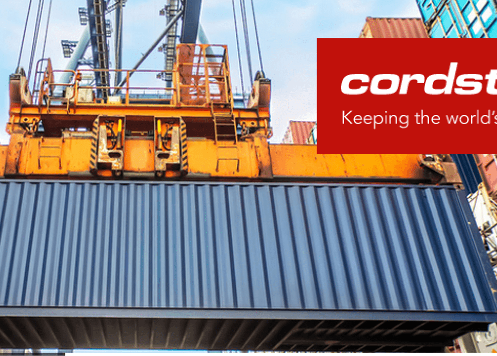 Large blue shipping container being lifted by industrial crane with red Cordstrap branding