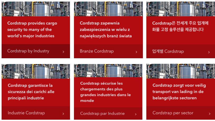 Grid layout of six red corporate cards showcasing Cordstrap cargo security messaging translated into multiple global languages
