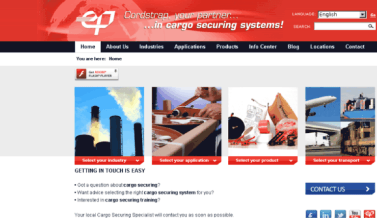 Cordstrap website interface mockup displaying red branding header for cargo securing systems alongside industry and product application choices