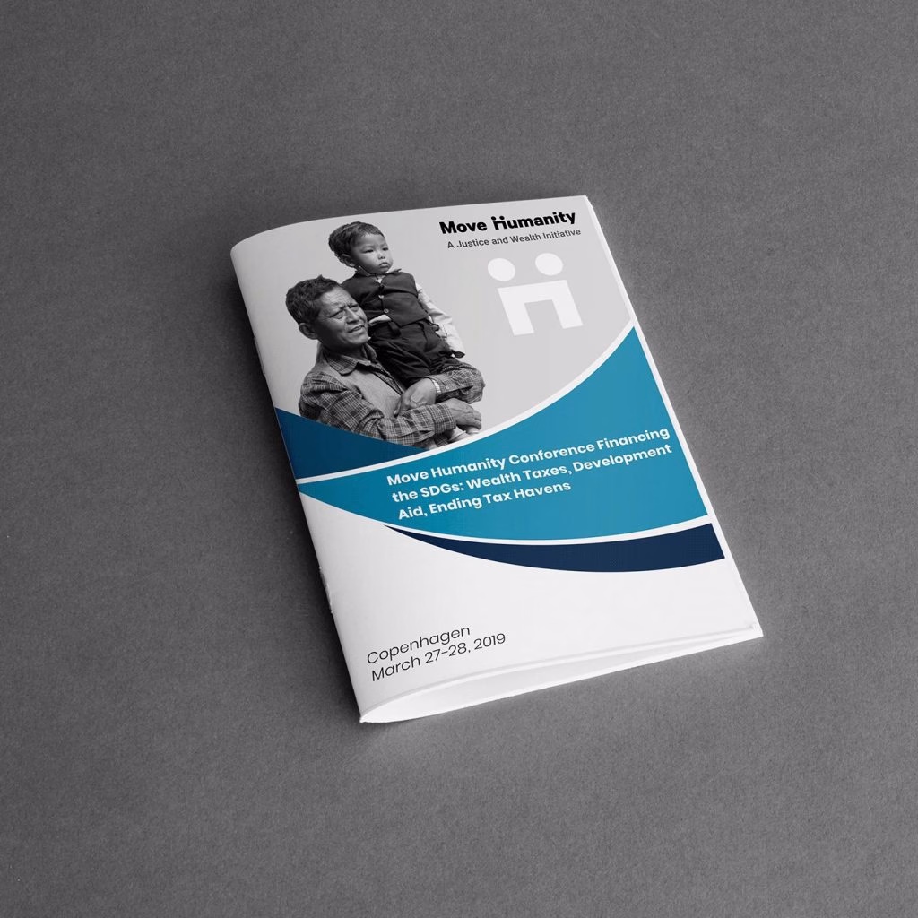 Printed corporate report booklet with blue wave graphics and family photo on white cover