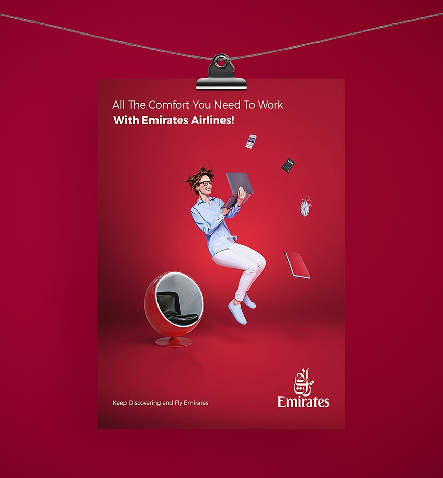 Red promotional social ad featuring a person floating near an egg chair with floating travel accessories