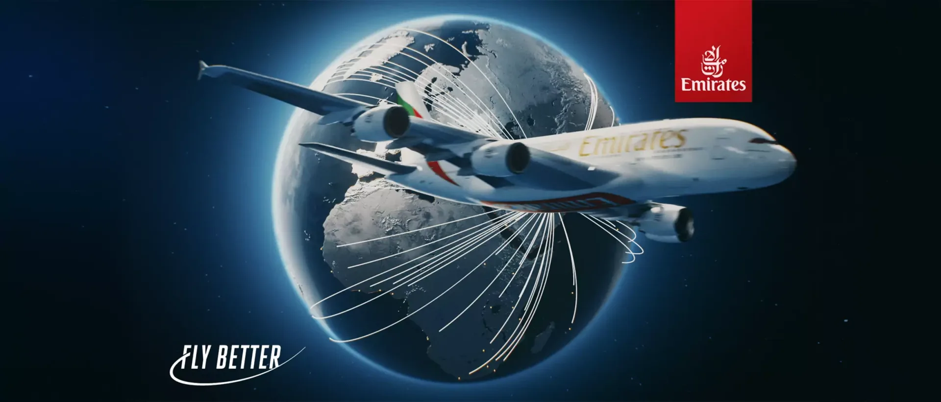 Emirates Airbus A380 airplane flying over a glowing globe with flight routes and Fly Better slogan