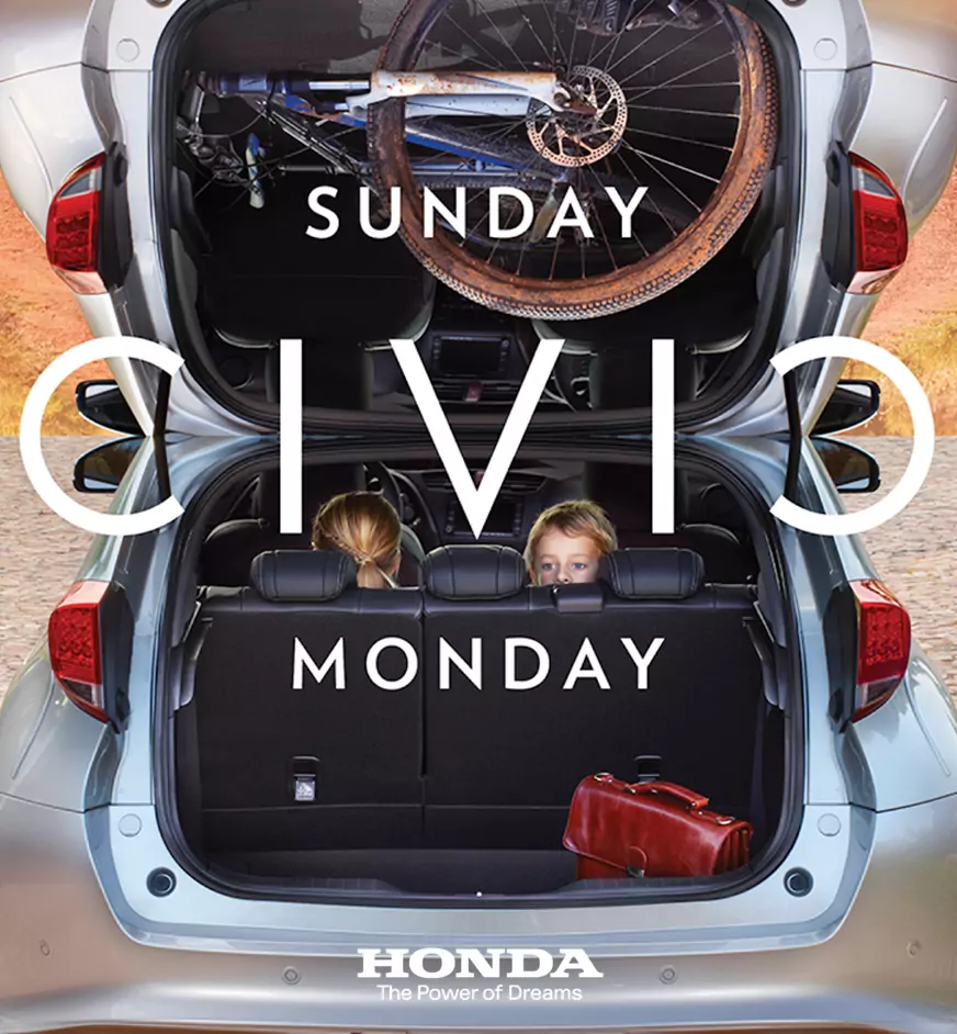 Open boot view of a Honda Civic showing kids looking out from the back seat with text reading Civic