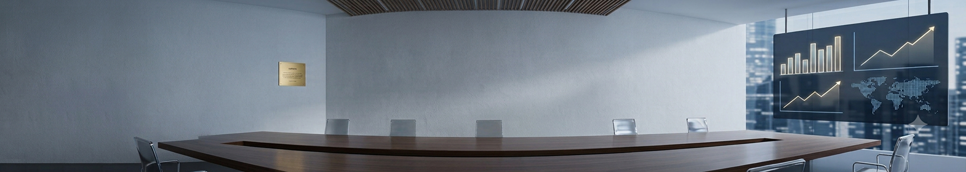 Panoramic view of a modern corporate boardroom with a long wooden conference table and a large display screen showing gold performance charts and a world map.
