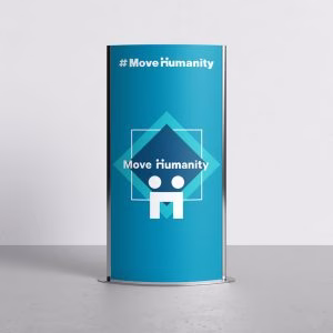 Blue vertical roll-up standee banner featuring the Move Humanity hashtag and logo graphic