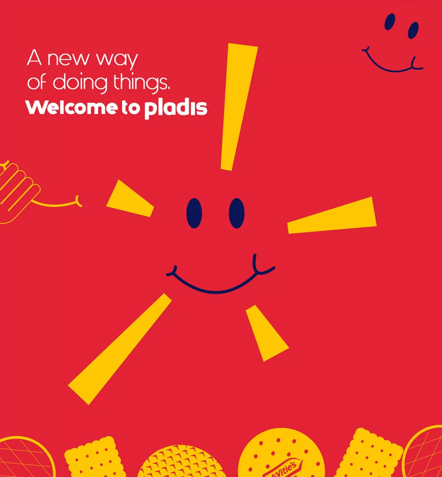 Red background graphic with a yellow sunburst smiley face reading Welcome to Pladis