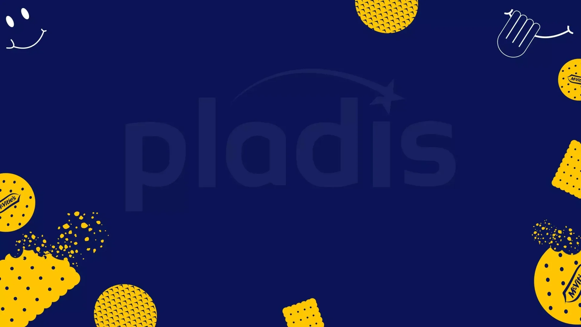 Dark blue Pladis banner featuring the brand logo surrounded by illustrated McVitie's yellow biscuits