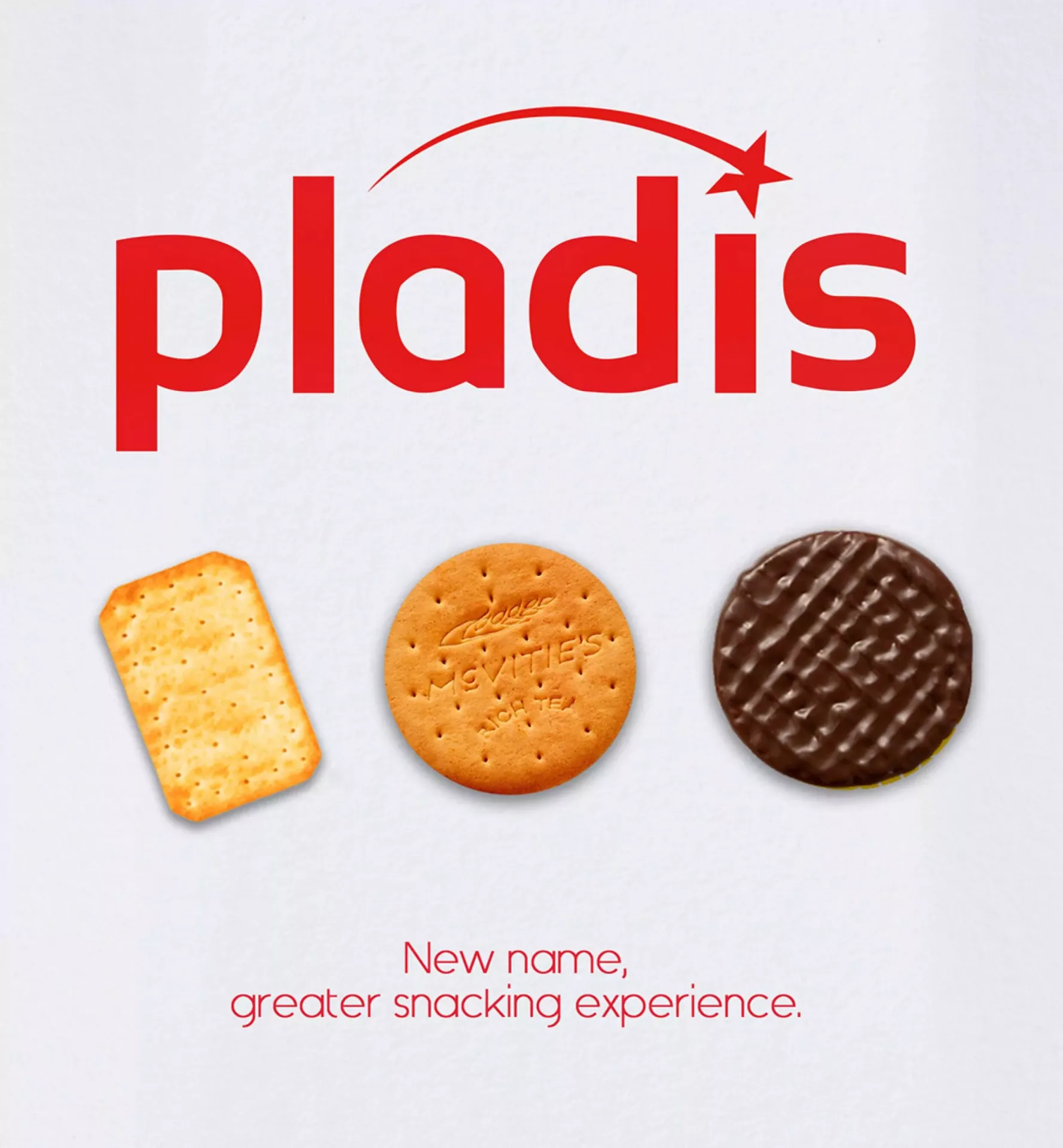 Pladis logo above three different biscuit varieties including a water biscuit, digestive, and chocolate biscuit