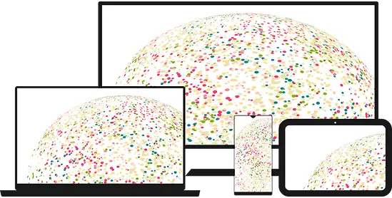 Mockup showing desktop monitor laptop tablet and mobile screen displaying a colorful data sphere graphic