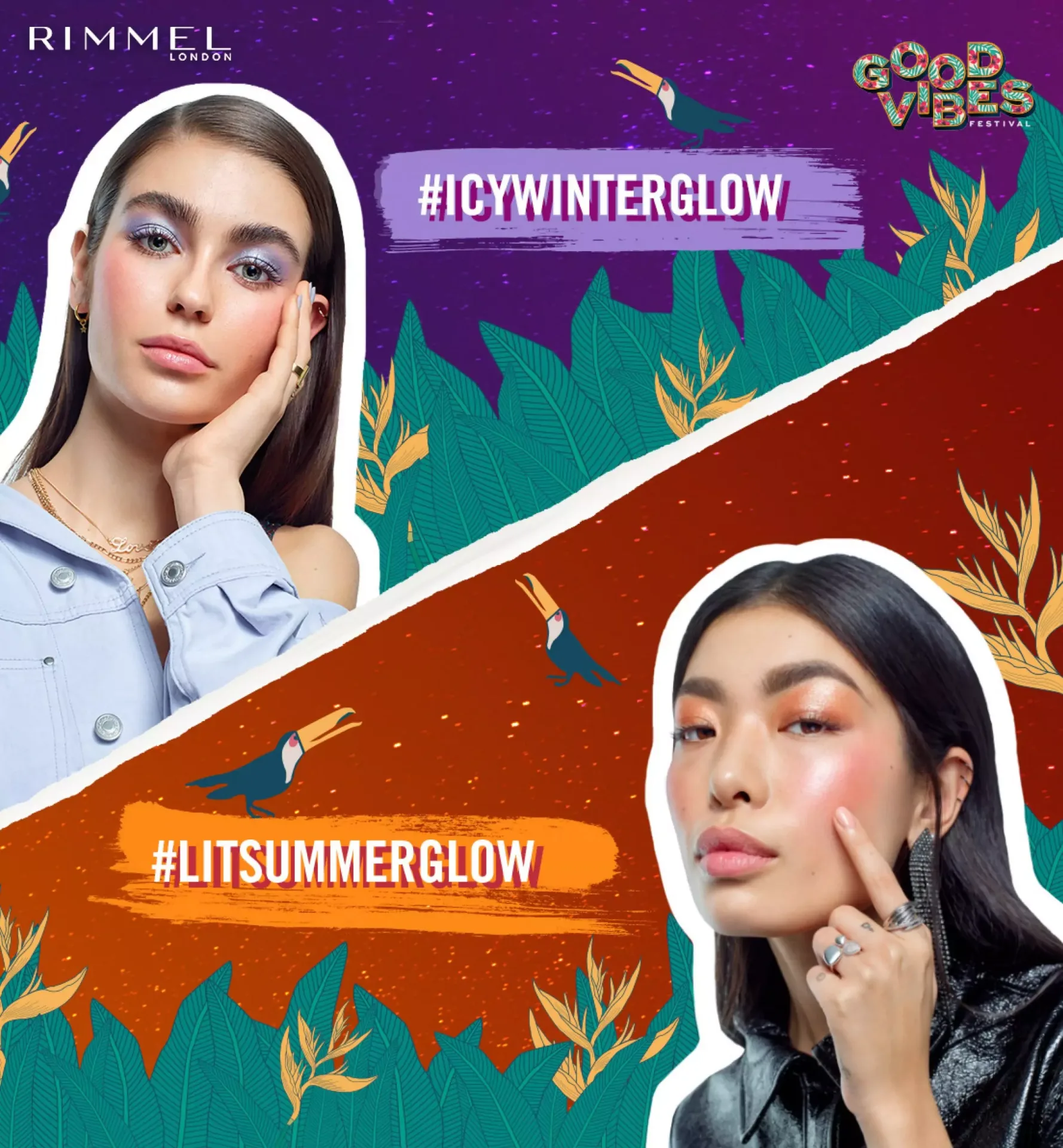 Collage of beauty models with tropical patterns and hashtag Lit Summer Glow text overlay