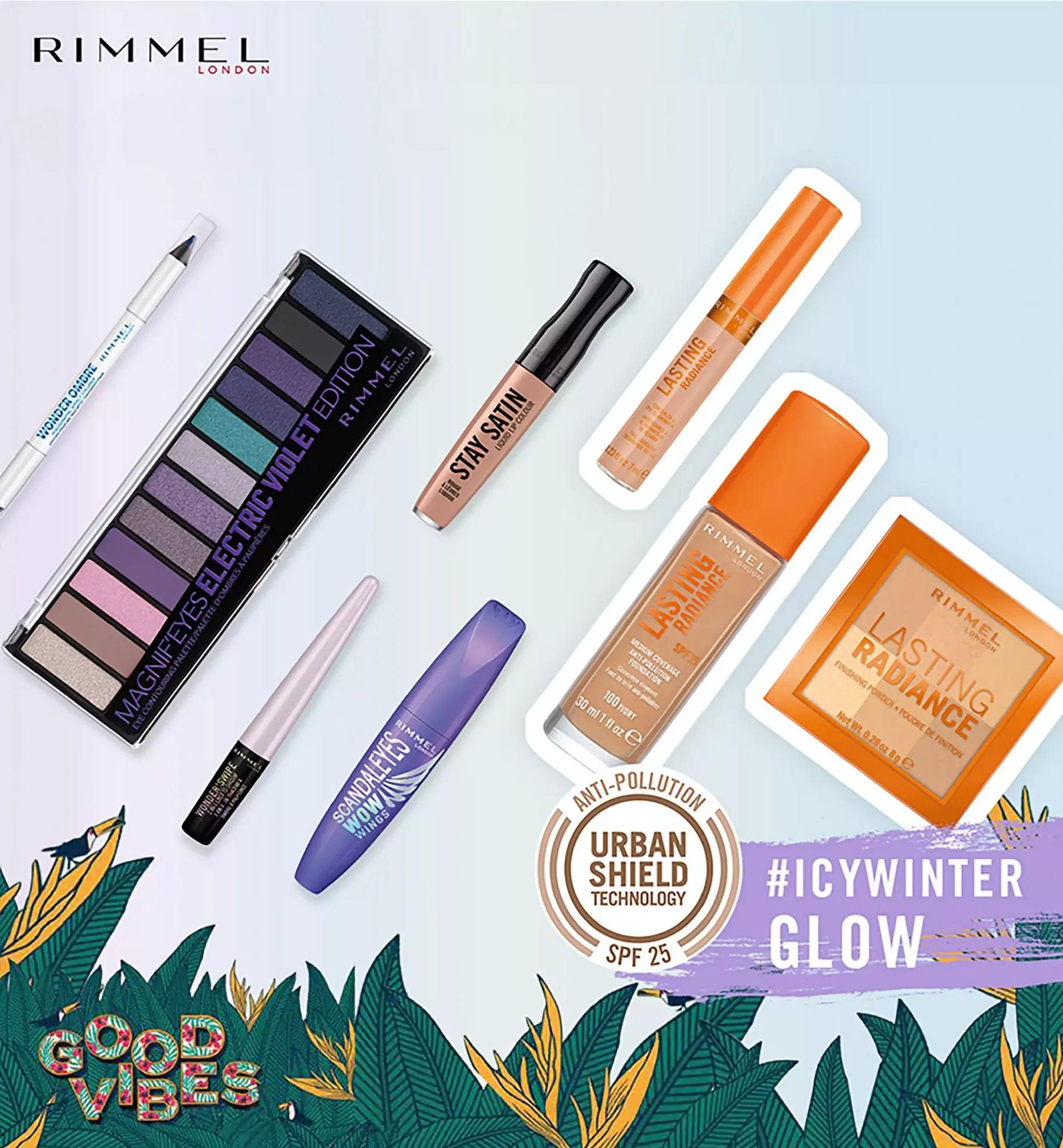 Top-down view of Rimmel cosmetic products including eyeshadow palette, mascara, and foundation on a light background