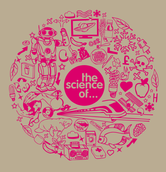 Circular pink line artwork doodle containing technology and science illustrations around text reading the science of