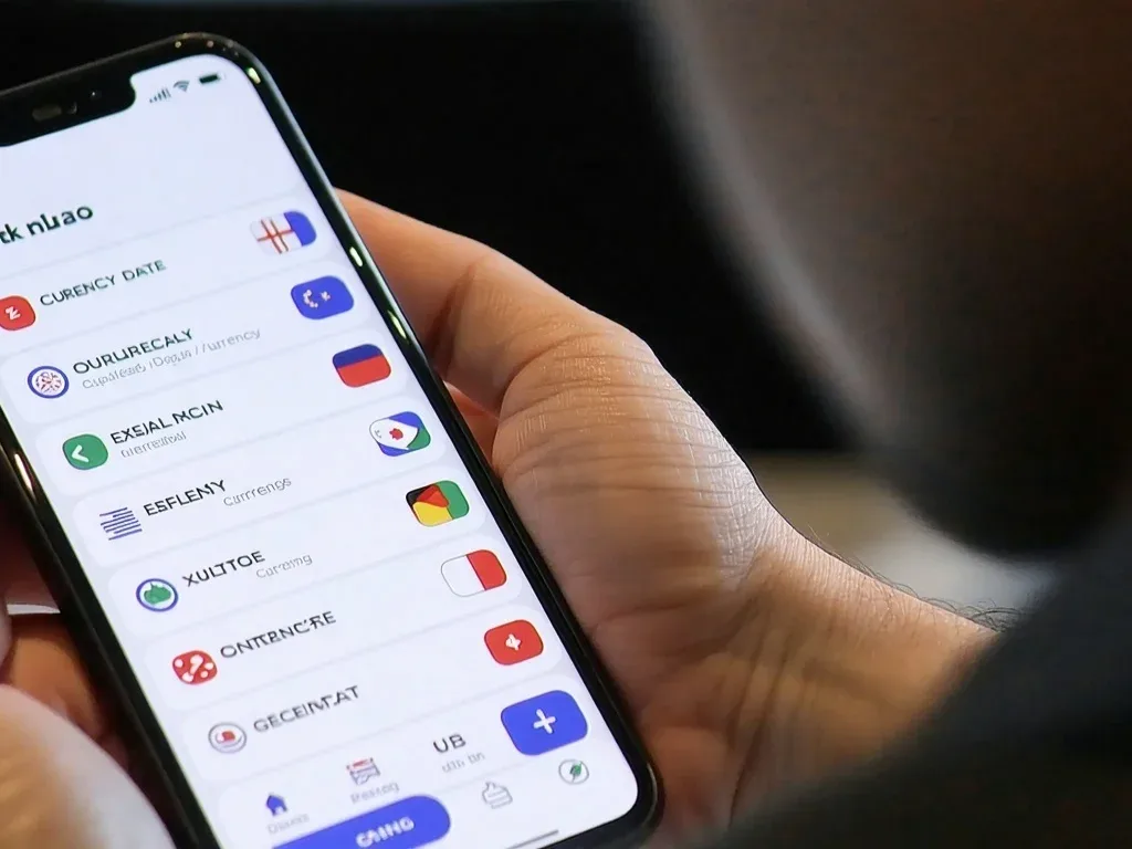 Lähikuva henkilöstä, joka pitelee älypuhelinta kädessään ja näyttää mobiilisovelluksen käyttöliittymän, jossa on luettelo monivaluutta-, peli- ja maksutapahtumien valikkokohdista värikkäiden kuvakkeiden rinnalla.