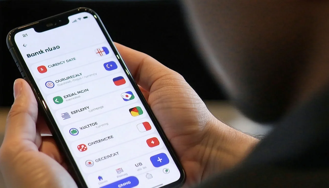 Lähikuva henkilöstä, joka pitelee älypuhelinta kädessään ja näyttää mobiilisovelluksen käyttöliittymän, jossa on luettelo monivaluutta-, peli- ja maksutapahtumien valikkokohdista värikkäiden kuvakkeiden rinnalla.