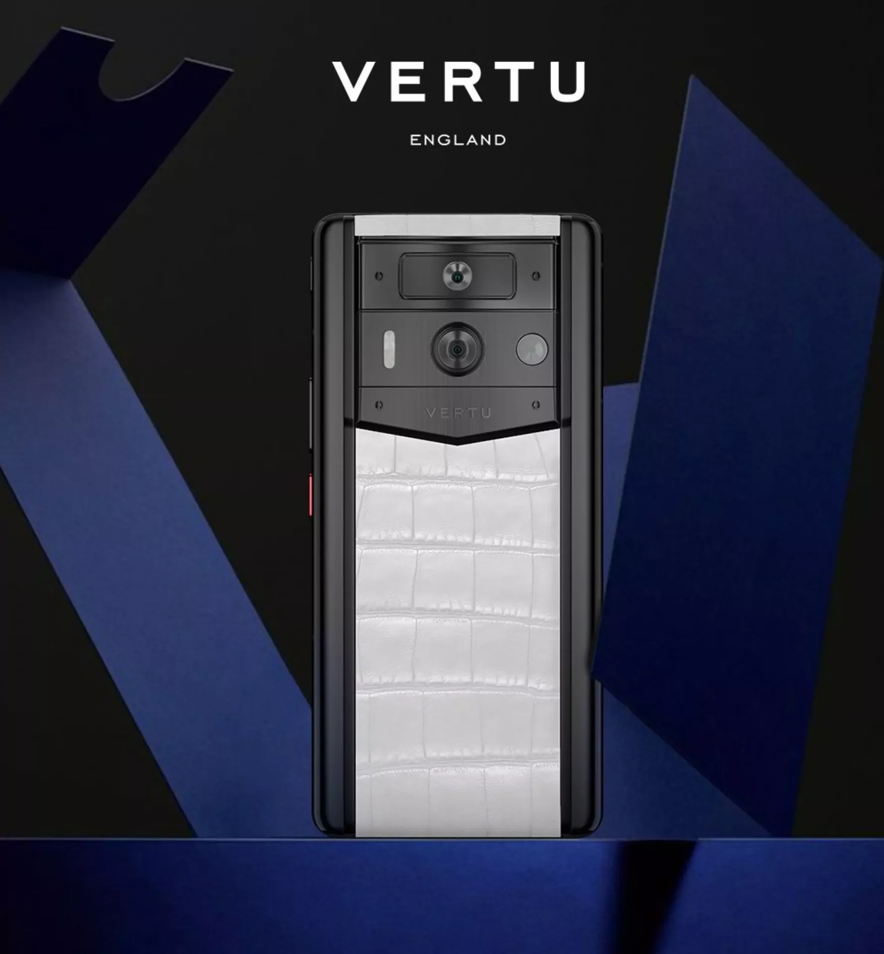 Back panel of a Vertu luxury phone featuring white crocodile leather and metallic camera housing