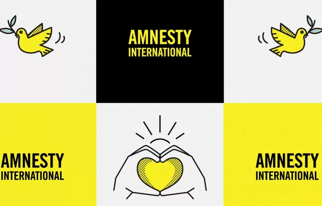 Creative brand identity layout for Amnesty International supporting social causes globally