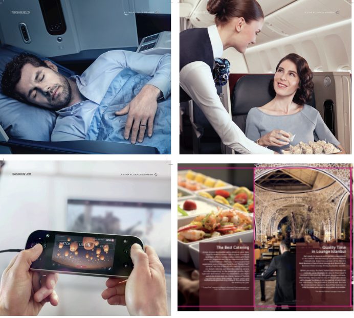 In-flight luxury experience and passenger hospitality marketing assets for a global airline brand