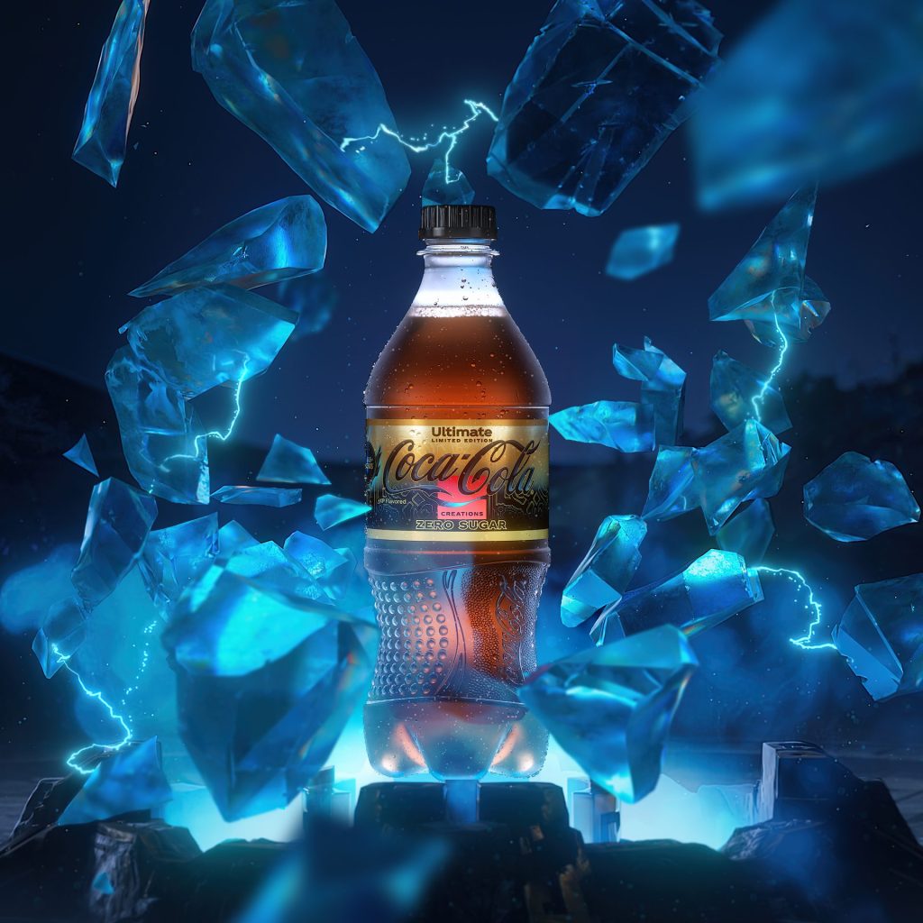Dynamic commercial advertising graphic for a beverage bottle surrounded by neon ice crystals