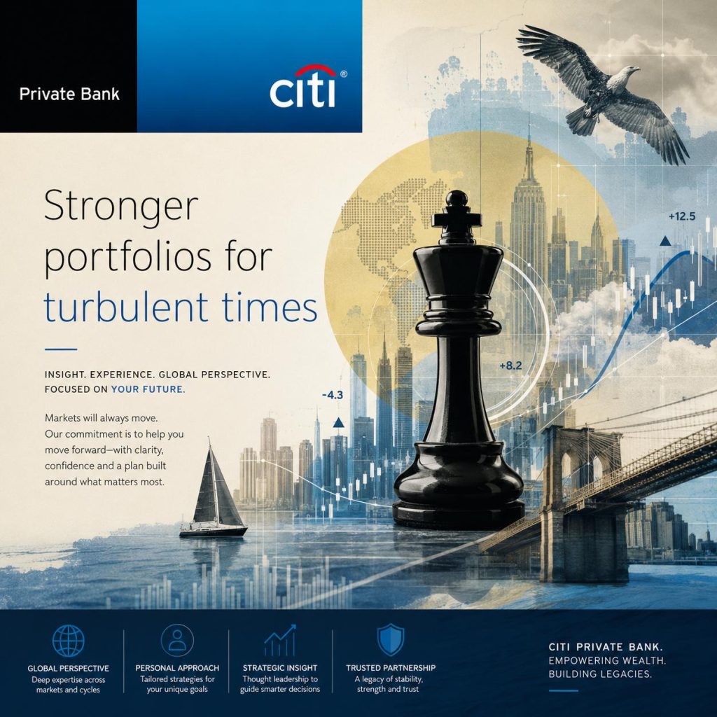 Financial investment portfolio advertising for Citi Bank featuring a chess piece on an urban background