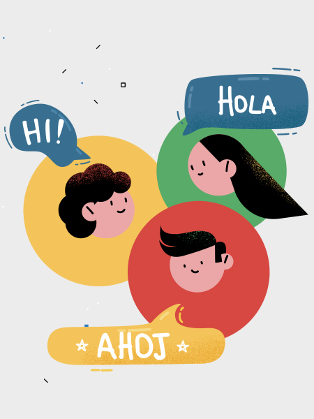 Creative vector illustration displaying multicultural greetings like Hola and Ahoj for global audience