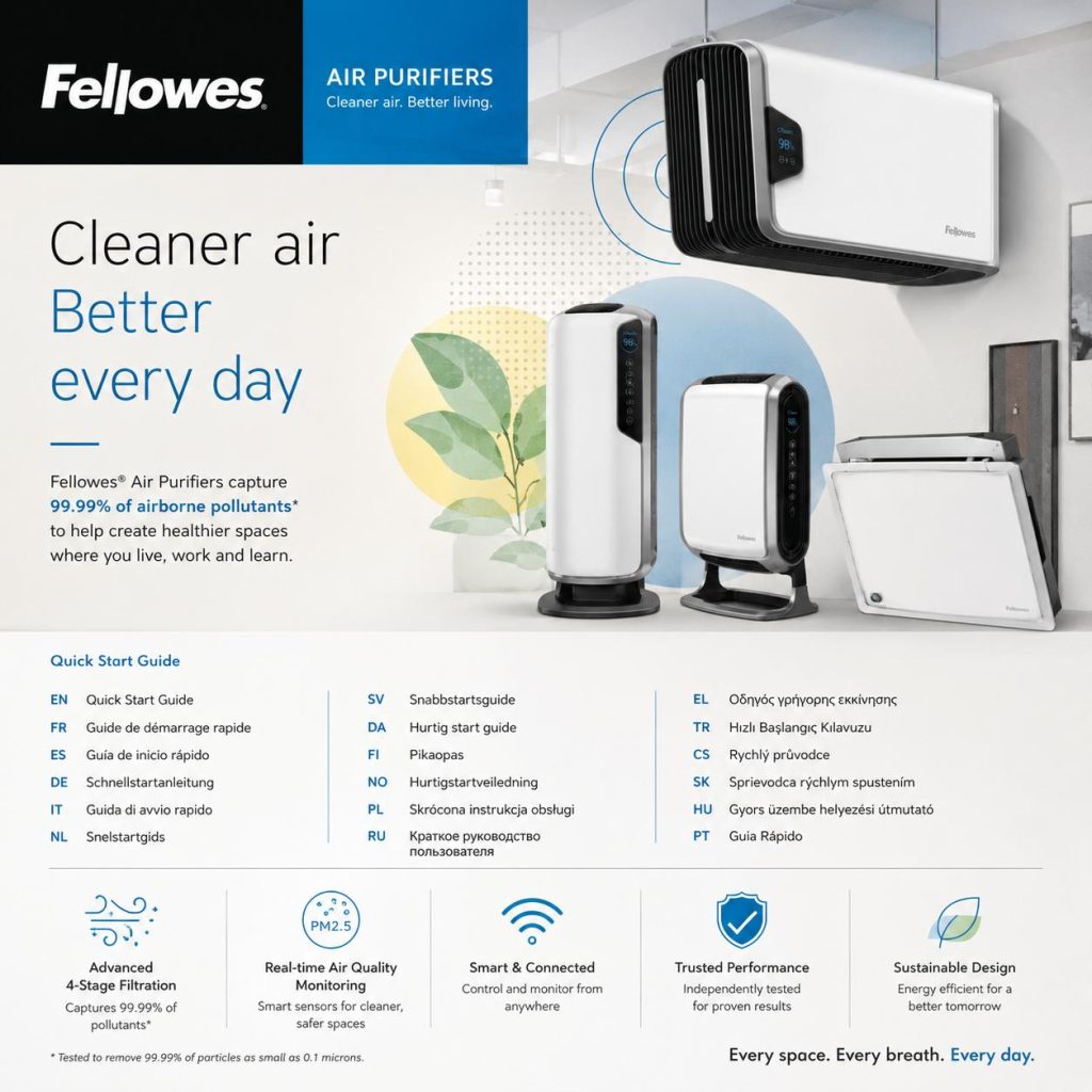 Professional product catalog layout for Fellowes air purifiers designed by Alignian