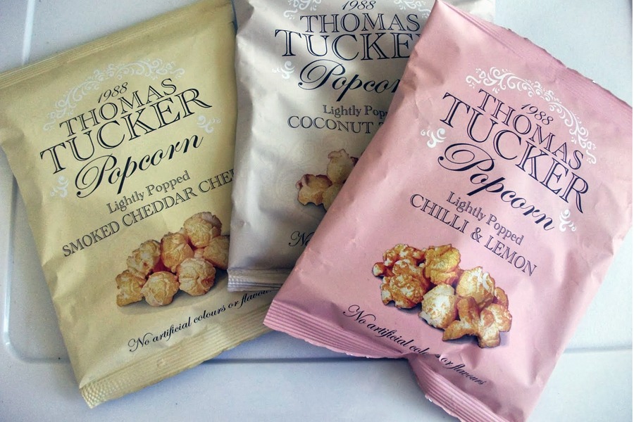 Premium food product packaging design for Thomas Tucker popcorn in international markets